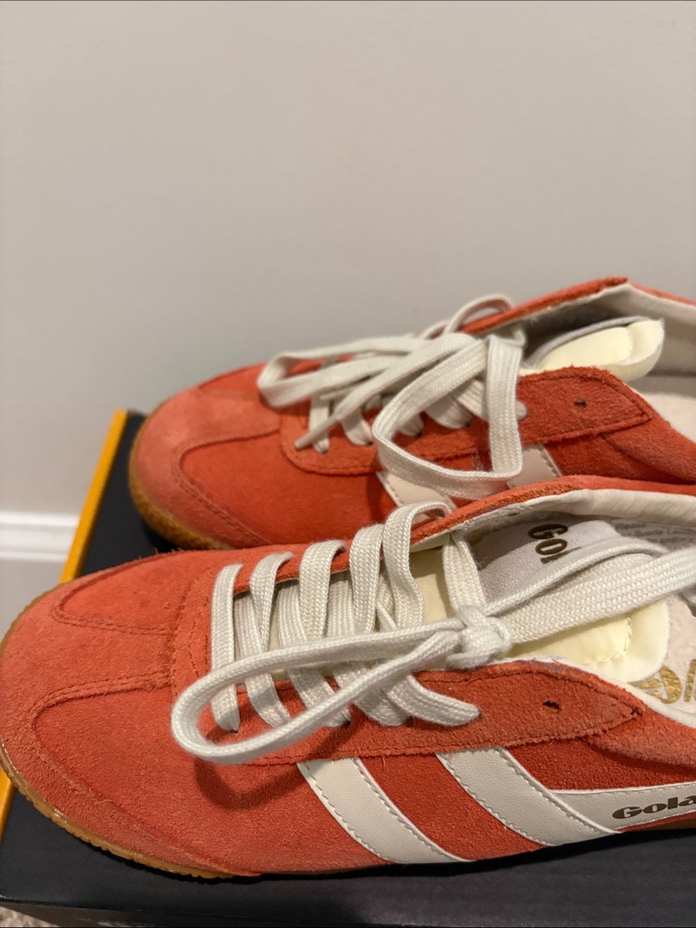 Gola Orange Suede Women’s Sneakers with White Stripes and Purple Heel - Picture 5 of 5